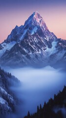 Sticker - Majestic snowy mountain peak emerging from a sea of clouds at sunset