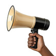 © iridescentstreet - A person holds a vintage megaphone, preparing to make an announcement in a lively environment with vivid colors and dynamic energy