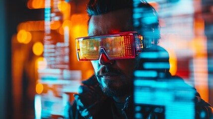 Poster - Scientists in a futuristic lab analyze multiverse data through augmented reality glasses amid glowing holographic displays