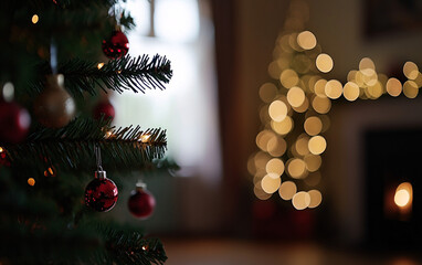 Christmas tree with glowing lights and colorful ornaments in a cozy living room, surrounded by presents. Traditional festive holiday decor capturing the spirit of Christmas. Perfect for seasonal celeb