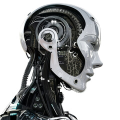 Poster - A humanoid robot with intricate circuitry stands against a transparent background, highlighting advanced technology and design