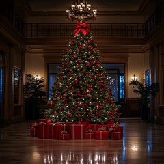 Wall Mural - Christmas tree with glowing lights and colorful ornaments in a cozy living room, surrounded by presents. Traditional festive holiday decor capturing the spirit of Christmas. Perfect for seasonal celeb