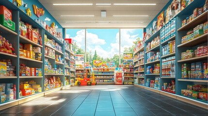 Toy store aisle lined with charming toys that capture the essence of childhood. Discover endless possibilities for fun and learning, making every visit a magical experience for families.