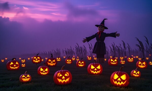 A field filled with glowing jack-o'-lanterns of various sizes, with a misty background and a scarecrow standing guard