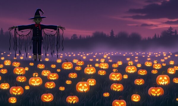A field filled with glowing jack-o'-lanterns of various sizes, with a misty background and a scarecrow standing guard