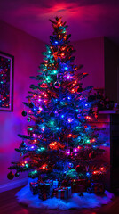 Christmas tree with glowing lights and colorful ornaments in a cozy living room, surrounded by presents. Traditional festive holiday decor capturing the spirit of Christmas. Perfect for seasonal celeb