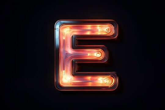 neon light letter E on black background
