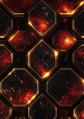 Poster - Abstract pattern of fiery hexagons with gold trim.