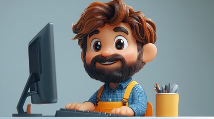 A cheerful cartoon character working at a computer desk.