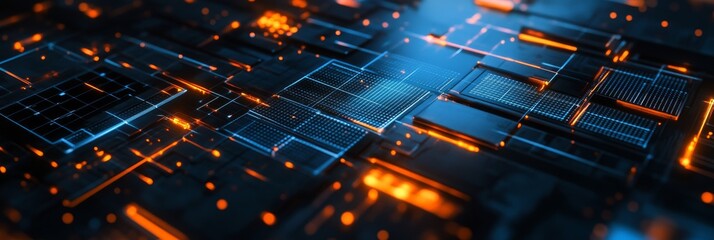Fototapete - Explore a captivating digital background that features vibrant circuits and glowing elements, making it perfect for themes such as tech, artificial intelligence, and data visualization projects
