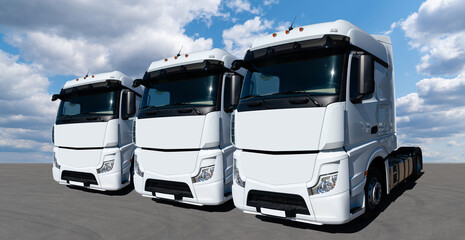 Poster - Fleet of white semi trucks in a row
