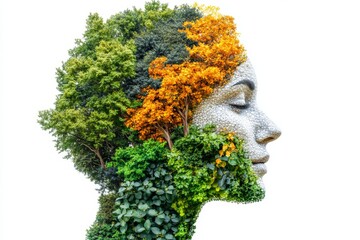 Wall Mural - Profile of a woman with foliage hair symbolizing the integration of creativity thought and the natural world in a conceptual form