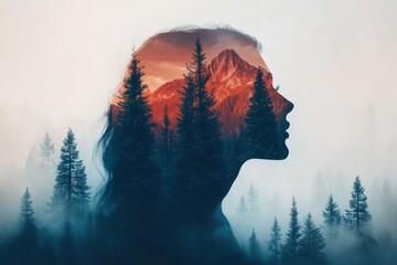 Wall Mural - Silhouette of a woman with mountainous landscape symbolizing strength thought and the serene connection between human intellect and nature