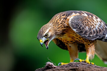 a hawk in mid-hunt, its feathers tight against its body and its beak open as it descends upon its pr