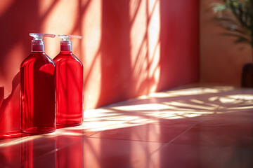 Poster - Two beautiful red bottles sit on a tiled surface illuminated by warm sunlight, casting intricate shadows from the leaves of nearby plants in the afternoon