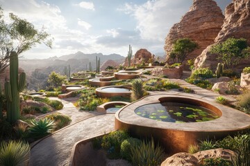 Mystical desert oasis with cascading water fountains and lush tropical vegetation