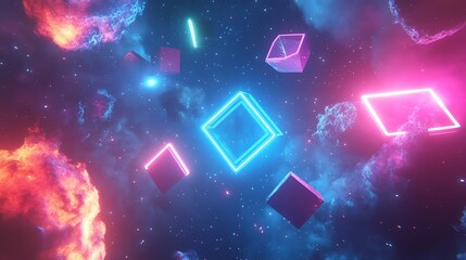 Wall Mural - Neon geometric shapes float in a futuristic space setting with swirling clouds.