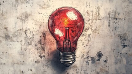 Wall Mural - Red light bulb drawing shining on grunge concrete wall