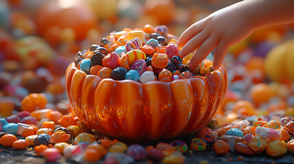 Trick or Treat - A Child's Hand Reaches for Halloween Candy in a Pumpkin Bowl