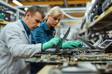 Two technicians focus on repairing and assembling circuit boards in a bustling electronics assembly facility, showcasing precision in their work