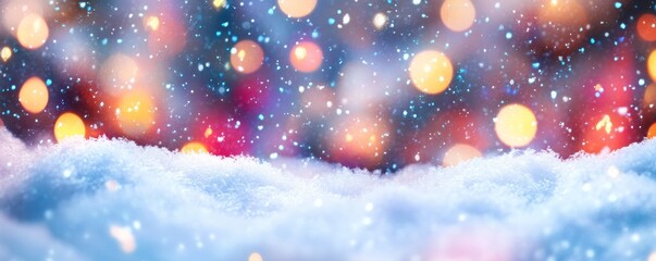 Canvas Print - Snow falling over fresh snowdrift with sparkling holiday lights background