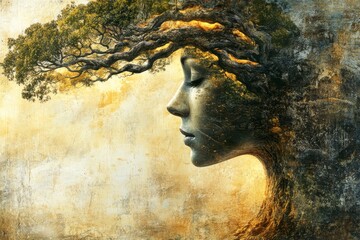 Wall Mural - Silhouette of a woman with trees integrated into her head symbolizing thought creativity and the harmonious balance between nature and intellect