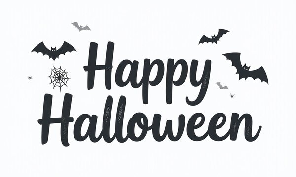Happy Halloween text, spooky bats, spider web, minimalist black and white design