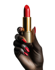 A close-up view of a hand holding a bold red lipstick against a stark white background highlighting beauty and elegance