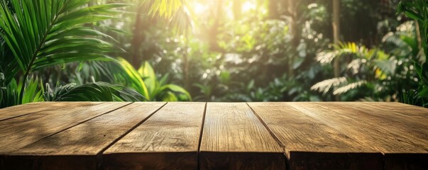 Poster - Wooden table with tropical jungle background, sunlight streaming through leaves. Nature and relaxation concept