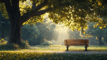 Poster - A park bench is sitting under a large tree