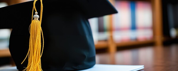 A black graduation cap with a white tassel hangs from a white paper on a wooden surface, surrounded by a blurred background of books, symbolizing academic achievement and academic rigor