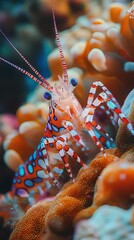 Harlequin shrimp standing on a vibrant coral reef