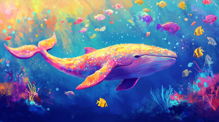 A cute whale swims happily with fish in a colorful ocean.