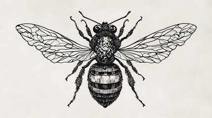 Detailed black and white illustration of a honey bee with wings spread.