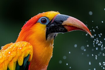 a tropical bird shaking off raindrops, with water glistening on its vibrant feathers and long beak