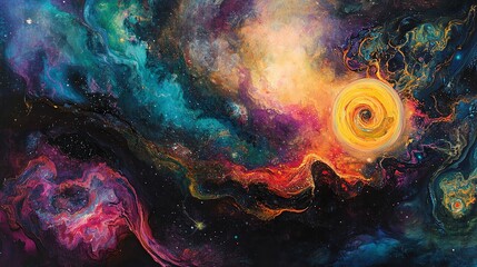 Wall Mural - Abstract space painting with a yellow spiral sun and a nebula.