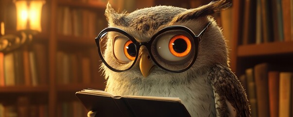 Intelligent owl reading a book wearing glasses in a library