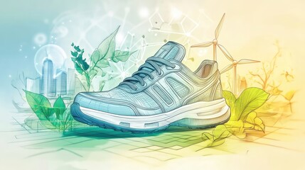 Wall Mural - A blue running shoe with green leaves and a cityscape in the background, representing a sustainable lifestyle.