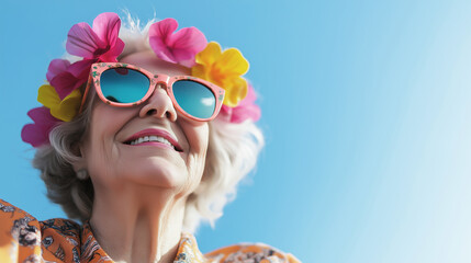 Smiling elderly woman wearing colorful sunglasses and a flower headband looking up at the sky on a bright sunny day