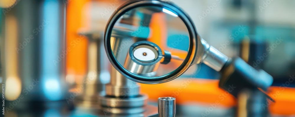 Magnifying glass focused on a tiny defect in a manufactured part ...