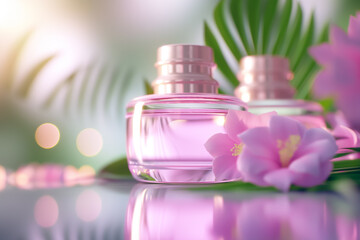 Poster - Two delicate pink perfume bottles are showcased amidst vibrant tropical flowers and lush green leaves, illuminated by soft, ambient lighting, creating a tranquil atmosphere