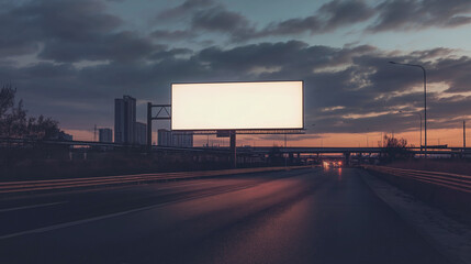 Empty illuminated billboard standing next to a quiet highway at dusk with city buildings in the background under a cloudy sky