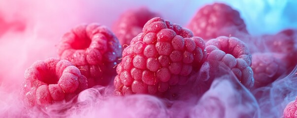 Wall Mural - Fresh raspberries lying on bed of colored smoke