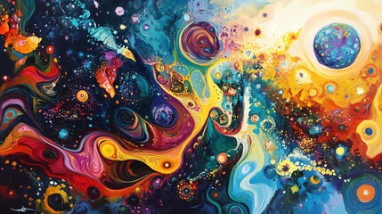 Wall Mural - Abstract painting of swirling colors and planets in space.