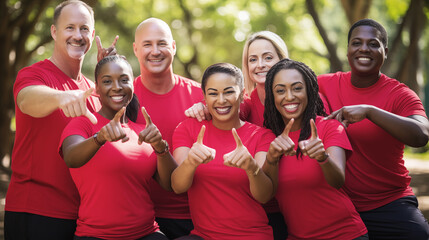 group of smiling people in red shirts pointing forward outdoors showing unity and teamwork