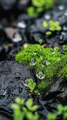 Canvas Print - Water droplets resting on moss growing on wet rocks