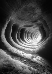 A winding cave tunnel illuminated from the end, showcasing texture.