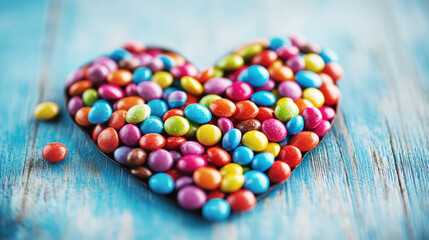 Heart-shaped pile of colorful candy-coated chocolates on a blue wooden surface