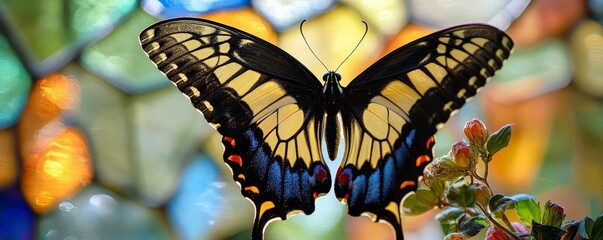 Canvas Print - Beautiful butterfly opening wings in front of stained glass