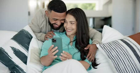 Poster - Man, woman and happy selfie with hug by couch, love and care bonding in marriage together with wellness support. Interracial couple, smartphone or smile in embrace with gratitude, technology or home